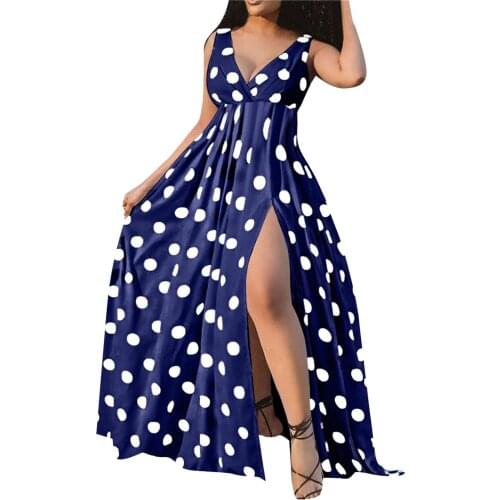 Sexy Sleeveless High Slit Maxi Dresses For Women Boho Elegant Polka Dot Flower Printing Long Dress Beach Sundress Платье Летнее