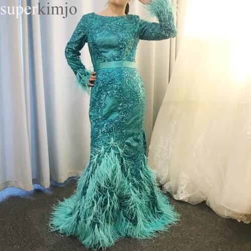 Real picture prom dresses green beading sequins long sleeve mermaid feather long sleeve lace evening dresses arabic