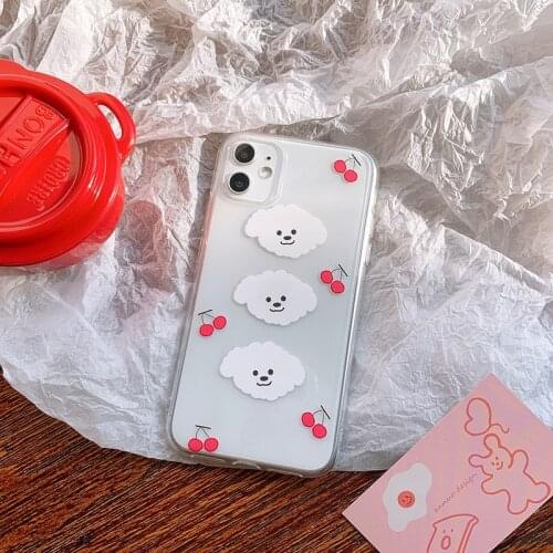 Simple Cartoon Cherry puppy poodle dog Cute Phone Case For iphone 12 11 Pro Max 12 mini 7 8 plus X XR XS Transparent Soft Cases