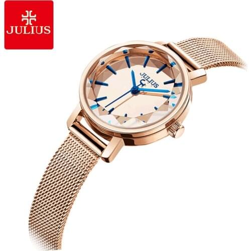 Julius Simple Stainless Steel Mesh Belt Woman Watch Multi-Faceted Cutting Table Mirrort Quartz Wristwatches Dress Watch Gifts