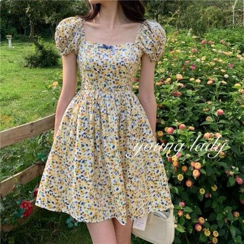 Floral Print Vintage Summer Mini Dress Puff Sleeve High Waist Party Dress Sweet Girls Kawaii Princess Luxury Beach Boho Dress