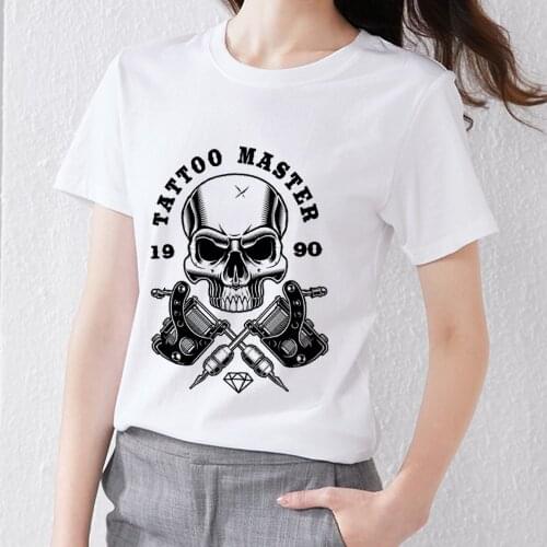 Womens T-shirt Personality All-match Casual Mechanical Skull Print Pattern Street O-neck Commuter Soft and Comfortable Shirt