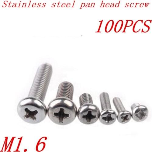 100pcs M1.6*4/5/6/8/10/12 1.6mm DIN7985 A2 Stainless Steel Round pan head machine screw