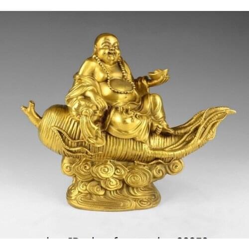 11 China Brass Copper Wealth Money Yuanbao Ginseng Happy Maitreya Buddha Statue