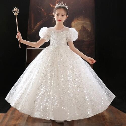 2021 Summer New Arrival Children Girls Solid White Embroidery Lace Princess Fluffy Dress For Birthday Party Wedding Ceremony