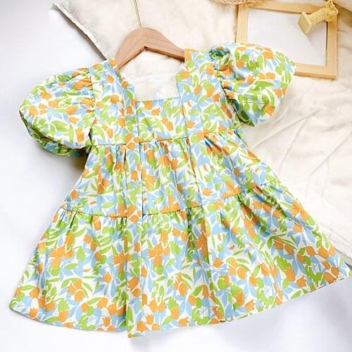 2021 Summer Girls Dresses Floral Puff Sleeve Pastoral Style Kids Dress for Girls Clothes Cotton Toddler Girl Christmas Outfits