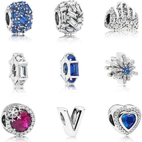925 Sterling Silver Snowflake Heart charms with Blue CZ Spacer Beads Fit Original Pandora Charm Bracelet DIY Jewelry Making