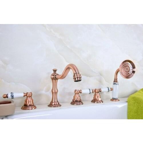 Antique Red Copper Brass Widespread Three Handles Deck Mounted 5 Holes Bathroom Tub Faucet Mixer Tap With Handshower mtf224