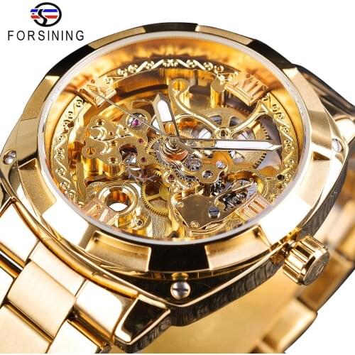 Forsining 2018 Fashion Retro Mens Automatic Mechanical Watch Top Brand Luxury Full Golden Design Luminous Hands Skeleton Clock