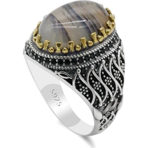 Natural Agate Stone Ring for Men 925 Sterling Silver Vintage Black Zircon Male Rings Leaves Design Turkish Handmade Jewelry Gift