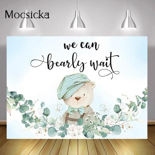 Boy Bear Baby Shower Backdrop We Can Bearly Wait Background Watercolor Leaves Newborn Blue Pink Bear Cake Table Decoration Props