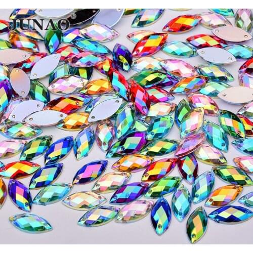 JUNAO 100pc 7*15mm Horse Eye Sew On Colorful AB Rhinestones Flatback Acrylic Crystals Stones Non Hotfix Strass for Crafts