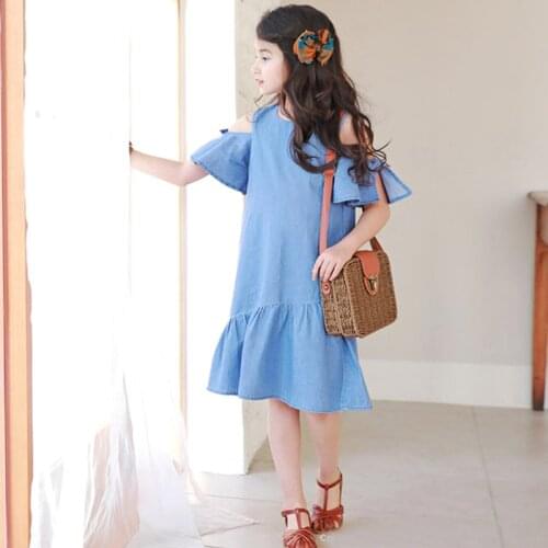 8 years Summer Denim Dress Girls Ruffles Korea Princess Little Girls Holiday Party Dress