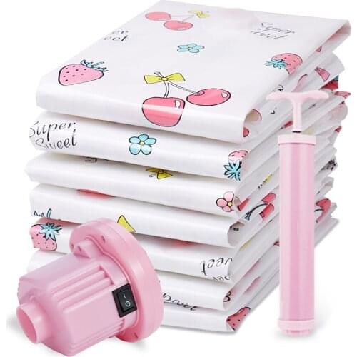 Storage Bag Organizer Clothing Cute Cherry Compression Vacuum Bags Closet Organizer Reusable Home Wardrobe Travel Space Saver