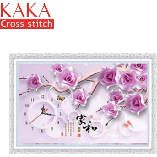 KAKA Cross stitch kits,5D Clock Purple Flowers,Embroidery needlework sets with printed pattern,11CT canvas,Home Decor Painting