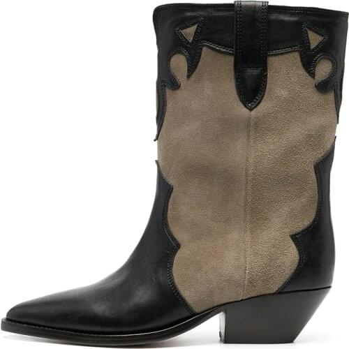 Autumn New Ankle Boots Women Leather Low-Heel Pointed Toe Cowboy Boots Ladies Slip-On Mid-Tube Shoes Women Winter botas de mujer