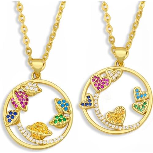 FLOLA Multicolor Heart Necklace For Women Round Crystal Planet Necklace Pendant Gold Chain CZ Cubic Zirconia Jewelry Gift nkes87