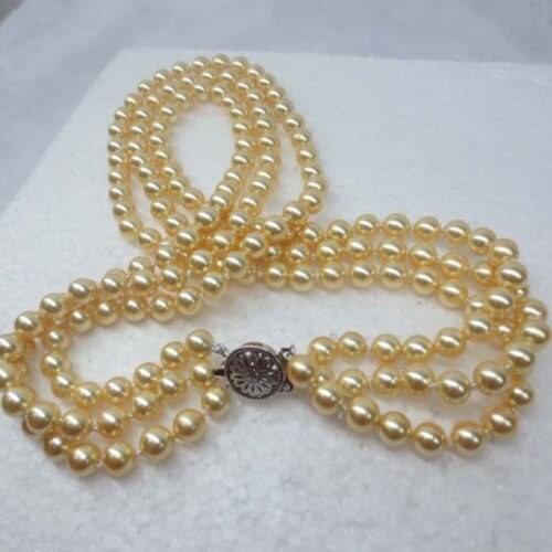 Natural jewelry Womans gift NEW 8mm 3row yellow perfect round sea shell pearl necklace 17-19" Grade Fine jewelry
