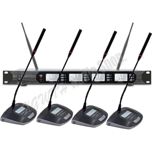 Profession 4 x 100 Channel Radio Wireless Microphone System with Desktop Gooseneck Conference Handheld or Headset Mic
