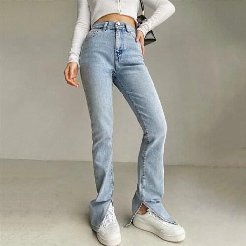 Straight Jeans for Women High Waist Classic Retro Sexy Washed Pants Blue Splits at Ankles slim Denim Long Pante 2021