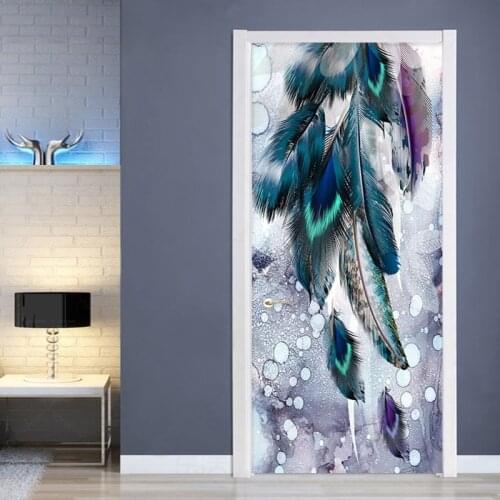 PVC Self-Adhesive Waterproof Door Sticker Modern Creative Watercolor Feather Photo Murals Wallpaper Living Room Papel De Parede