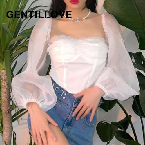 Sexy Mesh Lantern Sleeve Off Shoulder Slim Blouses and Shirts Casual Elegant Cropped Tops Office Lady Harajuku Tube Tops Street