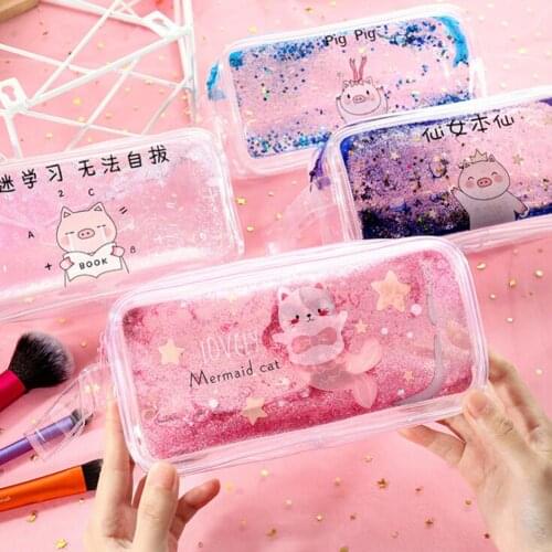 Cute Quicksand Oil Transparent Pencil Case Bag Girls Cosmetic Storage Pouch Women Makeup Bags