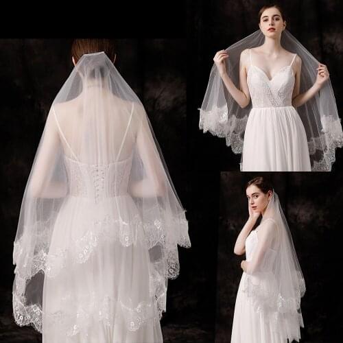 Finger Length White Wedding Veils Two Layers Lace Edge with Comb Bridal Veil High Quality In Stock