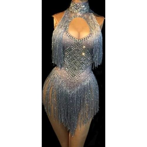Silver Sleeveless Sparkly Rhinestones Bodysuit Silver Gold Glass Stones Tassels Jumpsuit Sexy Female Nightclub DJ DS Costumes