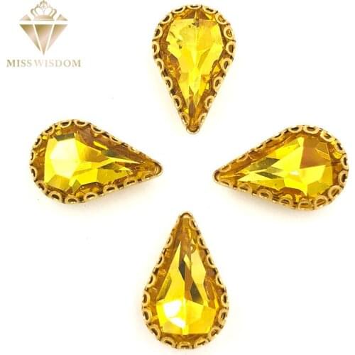 8X13mm Gold yellow teardrop sew on rhinestones gold base with hole lacy claw glass crystal pear shape rhinestone Diy accessories