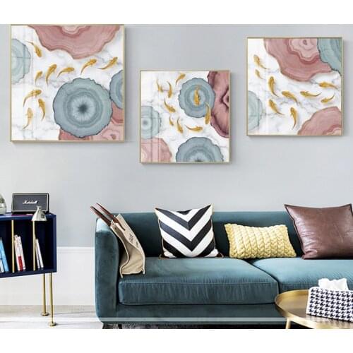 Abstract Chinese Style Golden Blue Fish Pink Canvas Painting Print Poster Luxury Quadro Wall Art for Living Room Tableau Salon