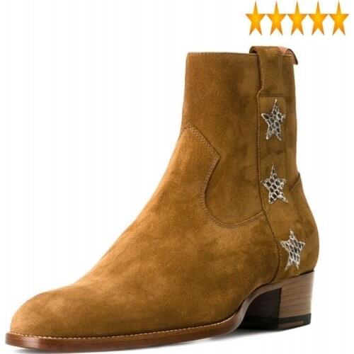 Biker Winter Motorcycle New Men Safety Shoes Runway Genuine Suede Leather Block Heels Riding Pointed Toe Military Ankle Boots