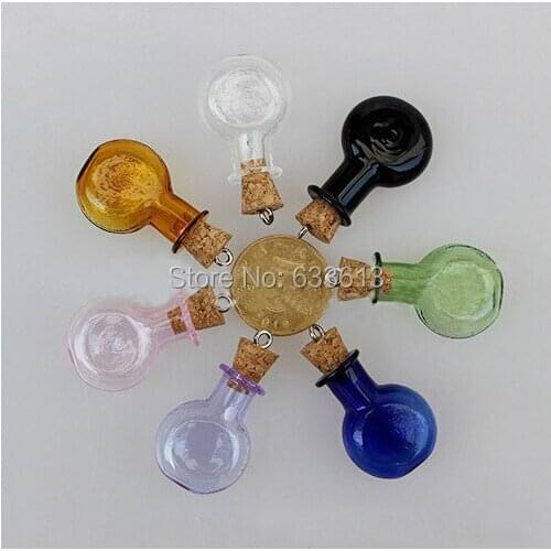 Free shipping 200sets/lot 20mm 7 color flat round Charm cork glass Bottle Perfume essential oil vial pendant mini glass bottle