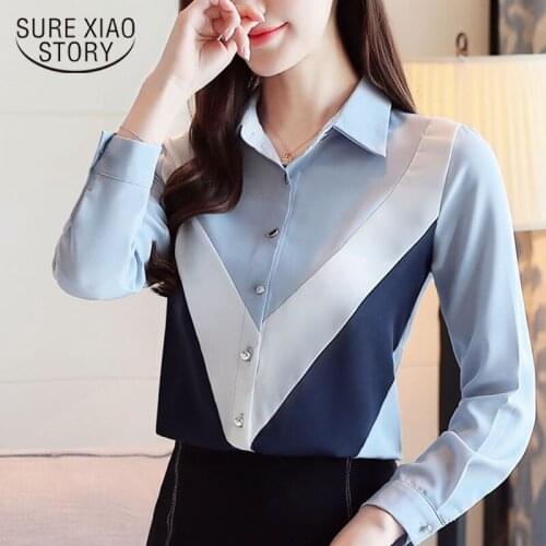 Blusas Mujer De Moda 2021 OL Chiffon Blouse For Women Tops Spliced Solid Ladies Tops Solid Button Korean Clothing Women 8460 50
