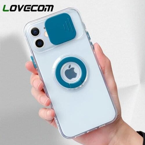 LOVECOM Slide Camera Lens Protection Candy Color Ring Case For iPhone 11 12 Pro Max XS Max X XR 7 8 Plus Ring Holder Clear Cover
