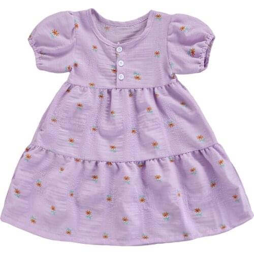 Children Floral Print Princess Dress, Girls Short Sleeve O-neck Dress with Buttons for Summer 2-7T