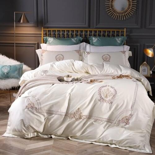 1000TC Egyptian cotton Cream color luxury bedding set queen king size 4pcs bed sheet bed linen set embroidered duvet cover