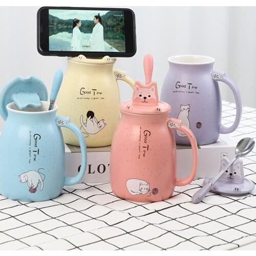2020 Creative color cat heat-resistant Mug cartoon With Lid Cup Kitten Coffee Ceramic Mugs Children Cup Drinkware Gift