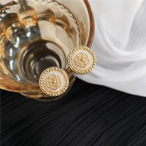 Round Metal Camellia Stud Earrings South Koreas Temperament Fashionable Joker Retro Geometric Earrings Woman Gift Accessories
