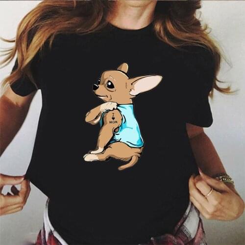 Summer Short Sleeve T Shirt Graphic Tees Women Clothing Tattoo Chihuahua I Love Mom Kawaii Tee Tops Female Plus Size White Top