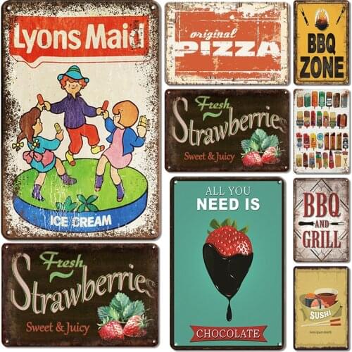 Retro SUSHI Metal Plaque Tin Sign Vintage BBQ Pizza Plate Metal Signs Chic Restaurant Kitchen Wall Decoration Iron Painting
