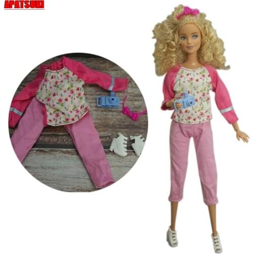Picnic Pink Floral Clothes Set For Barbie Doll OutfitsFor Barbie Shirt Pants Camera Shoes Headband Toys 1/6 Dolls Accessories