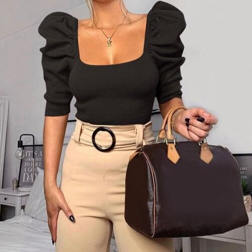 New Style 3-Color Hedging Crop Top Women Women Powder Puff Half-Sleeve Tops Solid Color Slim-Fit Square Collar Low-Cut Crop Top