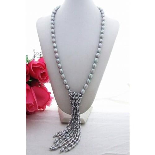FREE SHIPPING>>> 26" 9-10mm Grey Pearl&Crystal Necklace