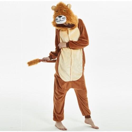 Plush Lion Kigurumi Onesies For Adults Pajamas Animal Pijamas Halloween Cosplay Cartoon Sleepwear Bodysuit Lion Mascots Costume