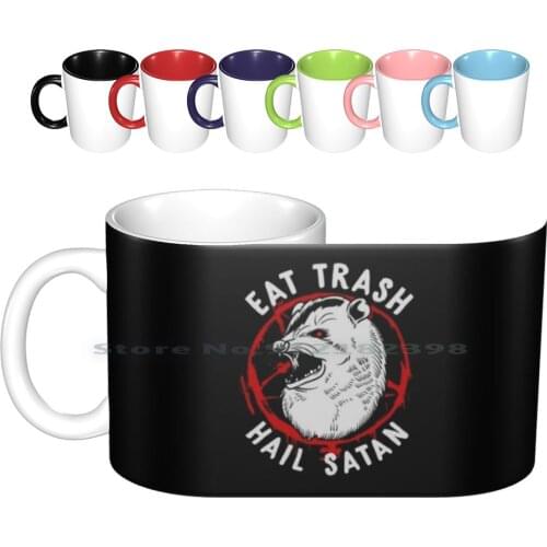 Eat Trash Hail Satan Occult Pentagram Possum Design Ceramic Mugs Coffee Cups Milk Tea Mug Possum Satan Baphomet Lucifer
