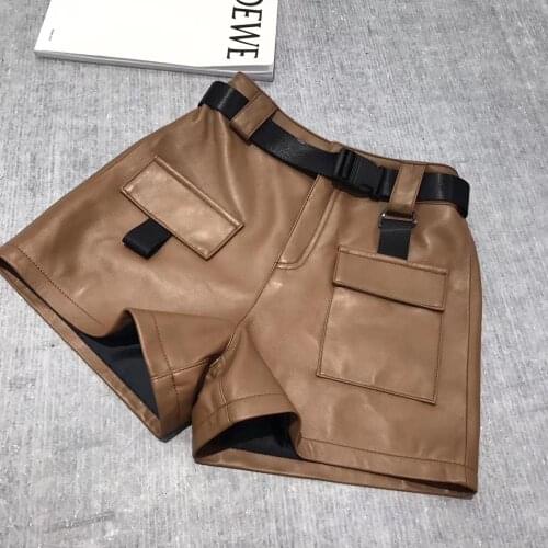 Women Genuine Leather Shorts Black Elastic Waist Korean Style Female Classic Short Pants Real Sheepskin Ladies Sexy Shorts