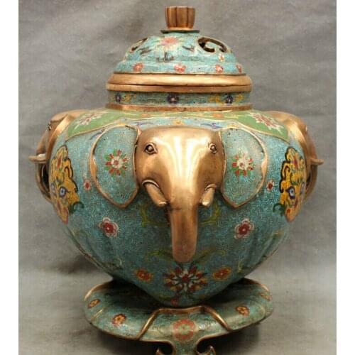 USPS to USA S1756 16" Marked Chinese Cloisonne Bronze Gilt 3 Elephant Head Statue Incense Burner