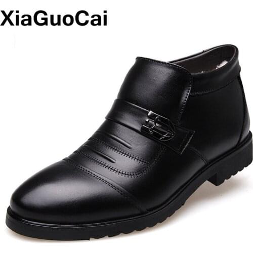 High Top Winter Men Shoes With Fur Genuine Leather Warm Male Boots Business British Cotton Plush Mans Footwear Middle-aged
