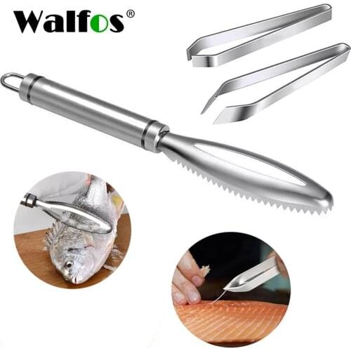 Walfos Stainless Fish Scales Scraping Graters Fast Remove Cleaning Peeler Scraper Fish Bone Tweezers Kitchen Accessorie Tool